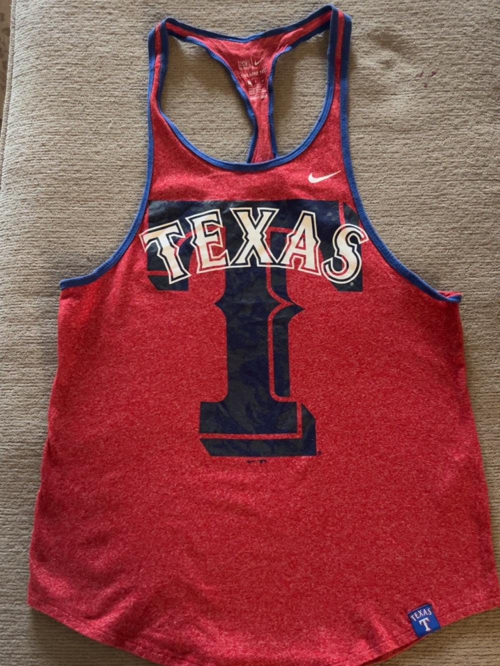 Nike Women's Red Racerback Tank with Blue Trim & Texas Graphic